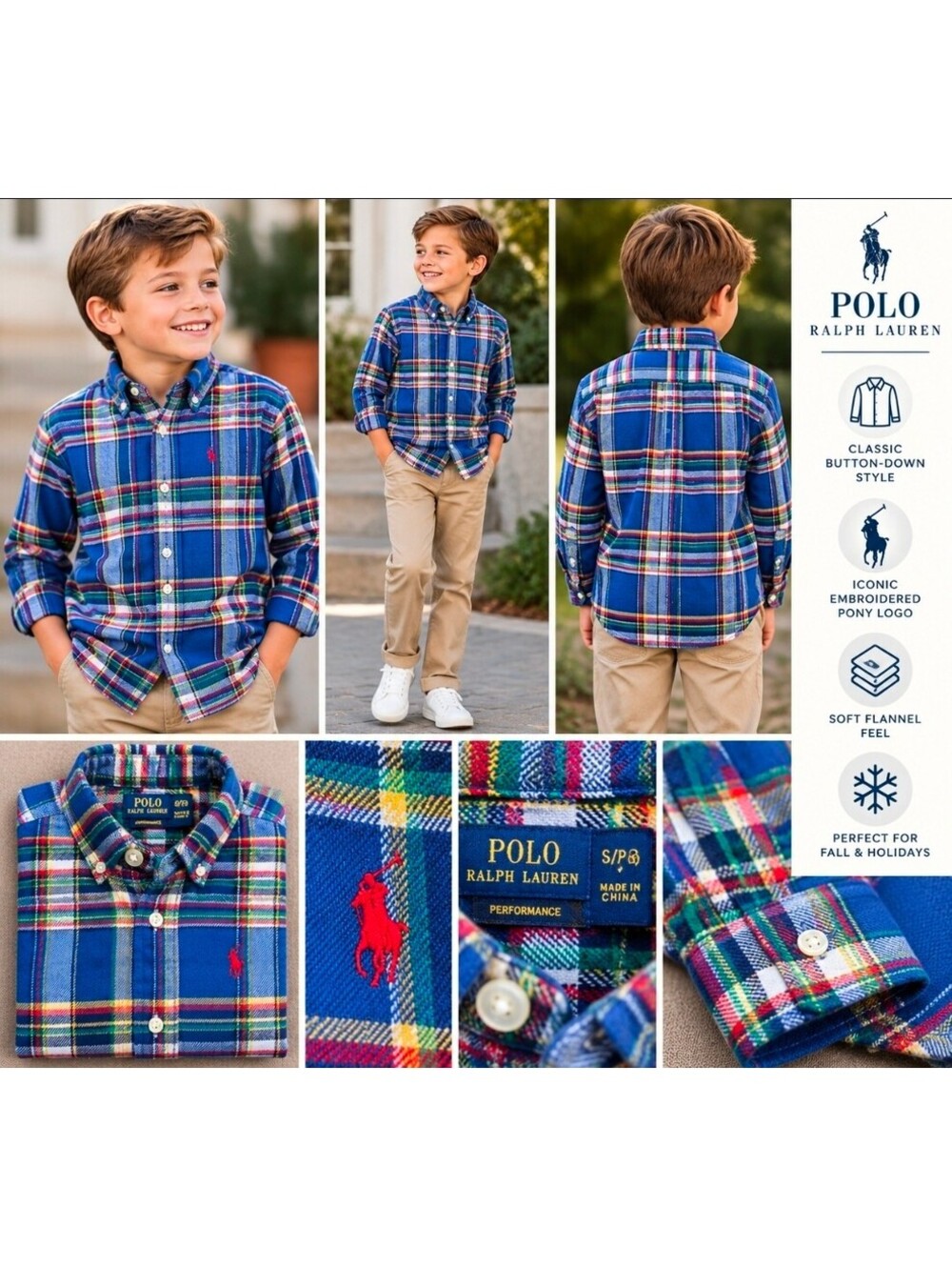 Polo Ralph Lauren Performance Boys S 8 Plaid Flannel Shirt Blue Tartan Pony